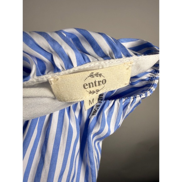 Entro Blue White Stripe Ric Rac Trim Tiered Flutter Sleeve Mini Dress Medium - Picture 9 of 11